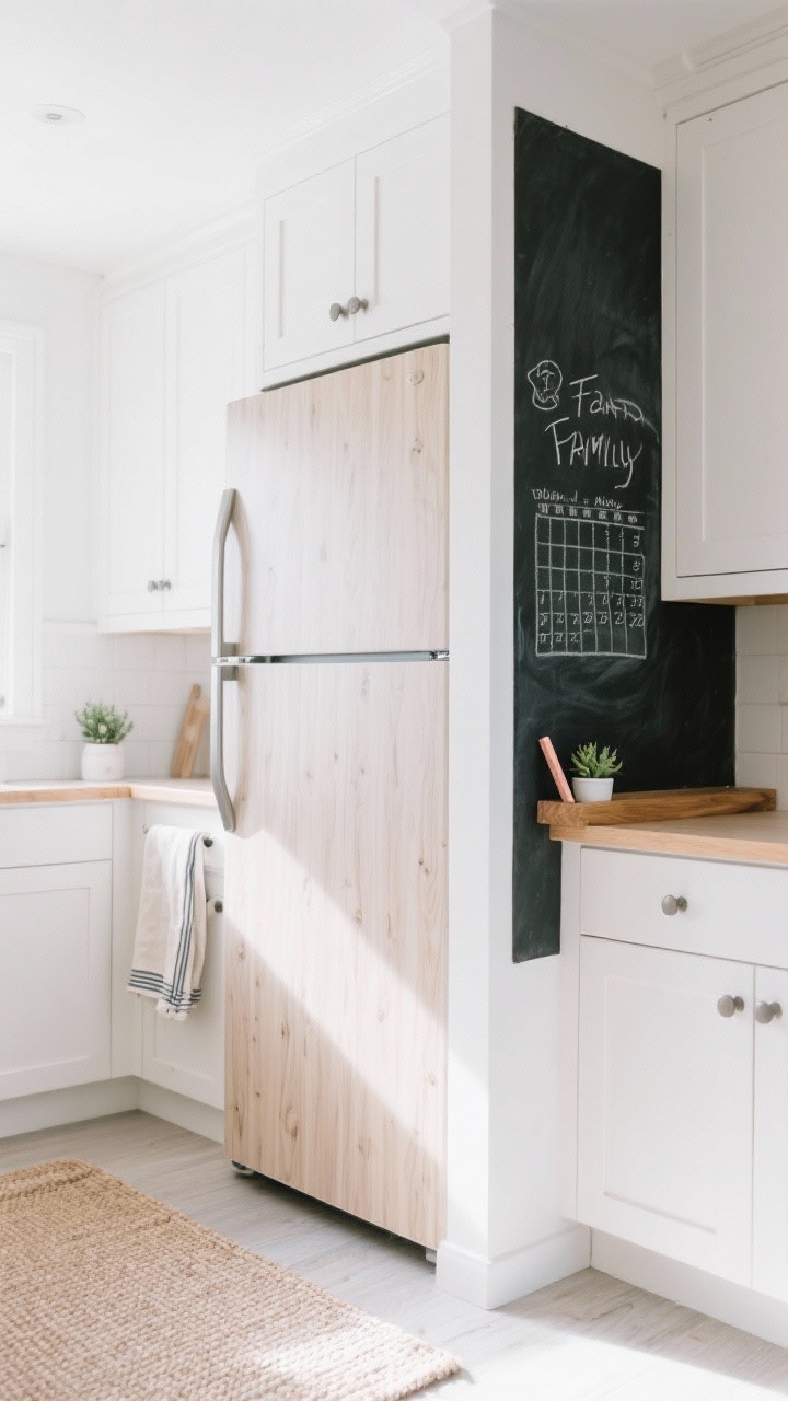 Angled corner medium shot of a fridge covered in light birch wood grain vinyl, a full-length chalkboard panel on the side with a handwritten family calendar; matte minimal hardware; white shaker cabinets and linen tea towels in view, a pale woven runner on the floor; a magnetic wooden ledge holding chalk and a mini succulent; bright, airy Scandinavian feel with soft daylight.