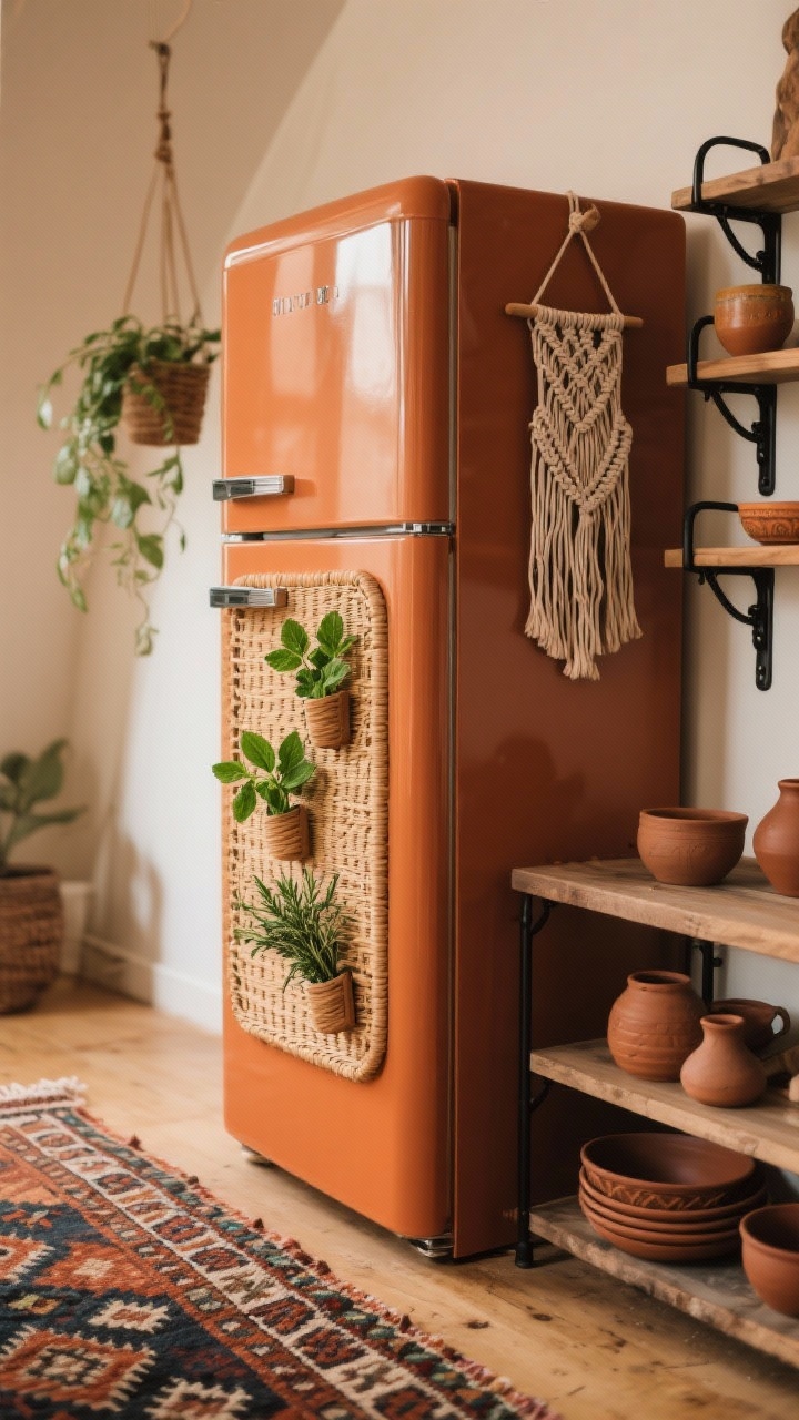 Angled detail-to-medium shot of a terracotta-colored fridge with a wicker-look magnetic panel on the lower door; mini magnetic herb holders clipped on—basil, mint, rosemary—adding lush greenery and texture; nearby patterned kilim runner, open shelves with earthy ceramics, matte black hardware, and a hanging macramé plant softening the scene; warm, boho lighting.