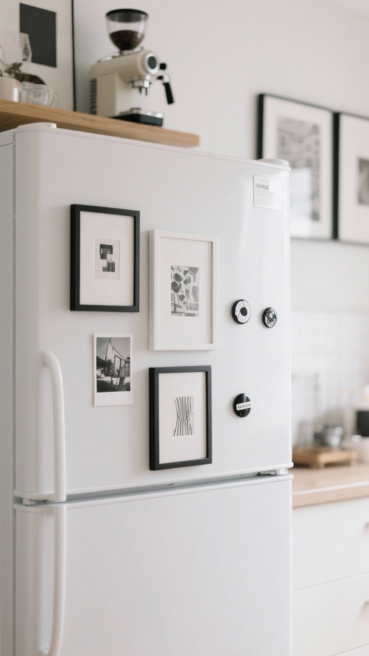 Closeup detail shot of a crisp white fridge surface arranged as an art gallery: layered magnetic frames, postcard-sized art prints, and a few monochrome magnets creating a cohesive layout; shallow depth of field with a softly blurred background hinting at a picture ledge above a coffee machine and a gallery wall across the room; clean, balanced styling with even natural light.