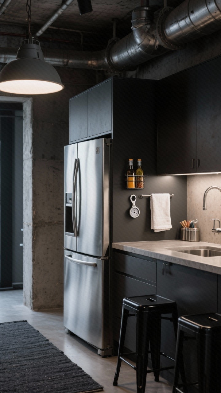 Medium shot with an urban loft vibe: a brushed stainless-wrapped fridge featuring a low-profile magnetic utility rail holding a towel, bottle opener, and timer; a tiny magnetic caddy with daily-use spices attached; surrounding dark cabinets, concrete-look counters, factory-style pendant overhead casting a moody glow; charcoal runner and black stools completing the industrial scene.
