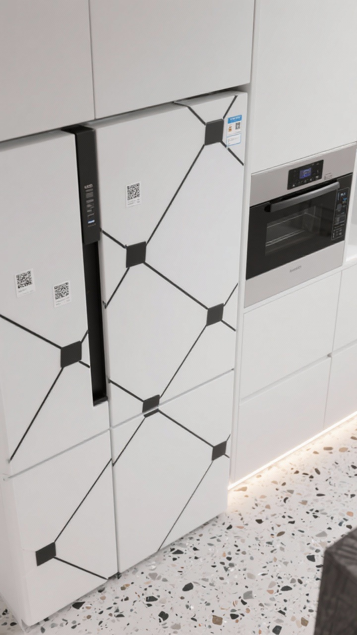 Overhead-to-straight hybrid detail shot of a crisp white fridge with thin black grid tape forming a sharp, architectural pattern; sleek magnetic QR labels neatly placed on select squares; adjacent handleless cabinets, a speckled terrazzo mat below, and a linear LED strip under the cabinets casting a clean, modern glow; minimal, tech-forward mood with high contrast and precise lines.