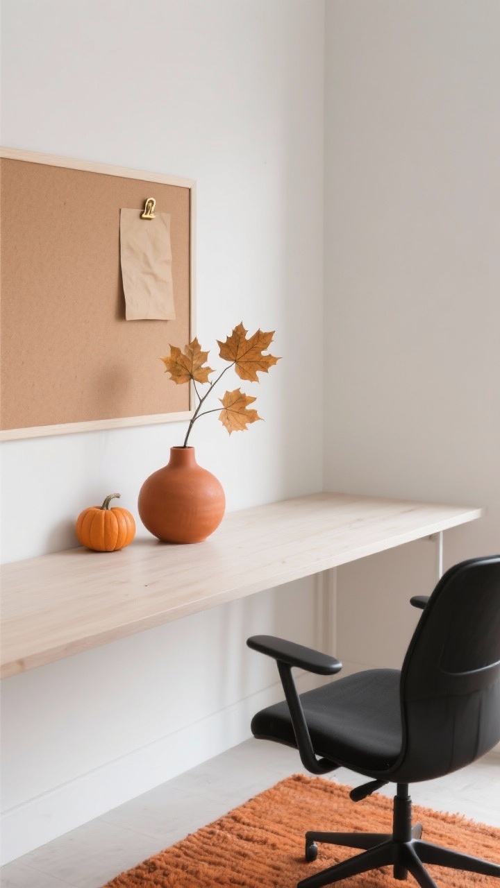 Photorealistic closeup detail of Pumpkin Spice Minimal: clean white/pale greige wall backdrop, light-ash slim desk edge with a sleek ergonomic chair partially in frame. Terracotta vase with a single maple branch, linen pinboard with kraft paper and brass clips on the wall, textured wool runner below in frame edge. Pops of burnt orange, terracotta, and pumpkin repeated subtly. Soft natural daylight, overhead angle focusing on minimal styling and matte black accents.