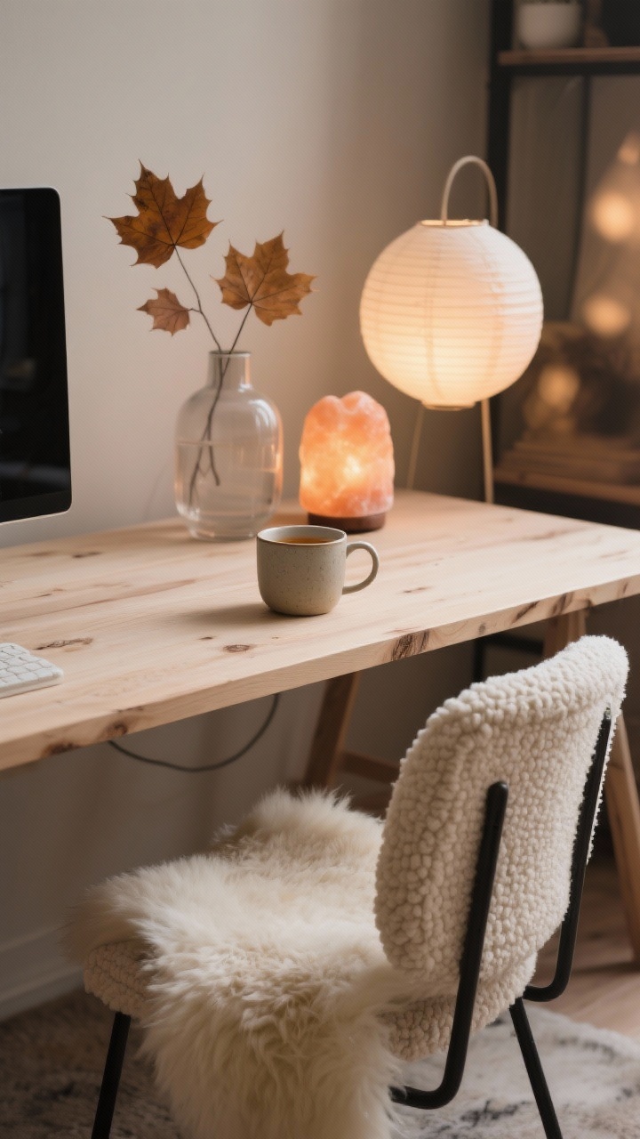 Photorealistic closeup texture/detail for Hygge Scandinavian Glow: birch/pine desk surface with a cream boucle chair edge, sheepskin rug draped partially over seat, ceramic mug of tea, frosted vase with a maple leaf branch. Paper lanterns and a salt lamp softly glowing in bokeh background. Palette of oatmeal, taupe, and soft caramel with a hint of matte black. Soft diffused lighting, calm minimal arrangement.