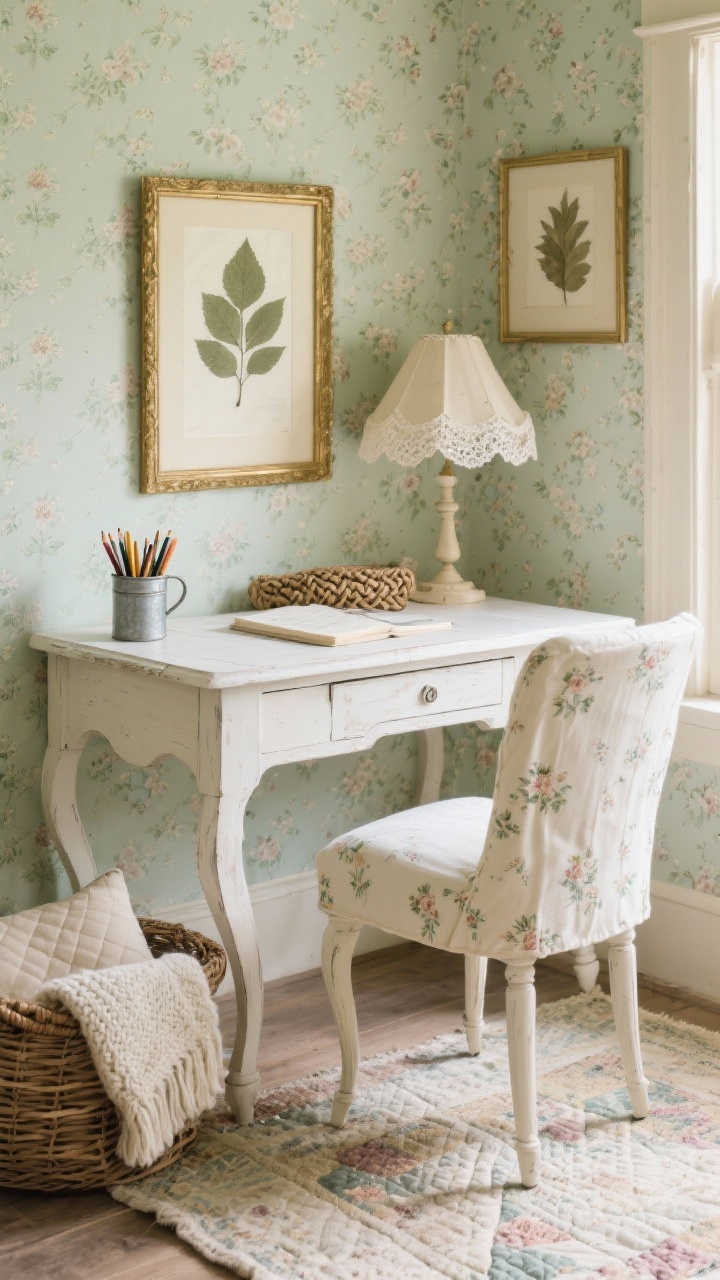 Photorealistic medium shot of a Cottagecore Writer’s Corner: vintage-style whitewashed desk with curved legs, slipcovered chair in cream/floral, walls in soft sage or micro-floral wallpaper. Pressed leaf art in gold frames, lace-trimmed lampshade on desk lamp, tin mug of pencils, braided rug and quilted cushion layered, basket of knit throws tucked under the desk. Gentle morning light, romantic storybook charm, slight corner perspective.