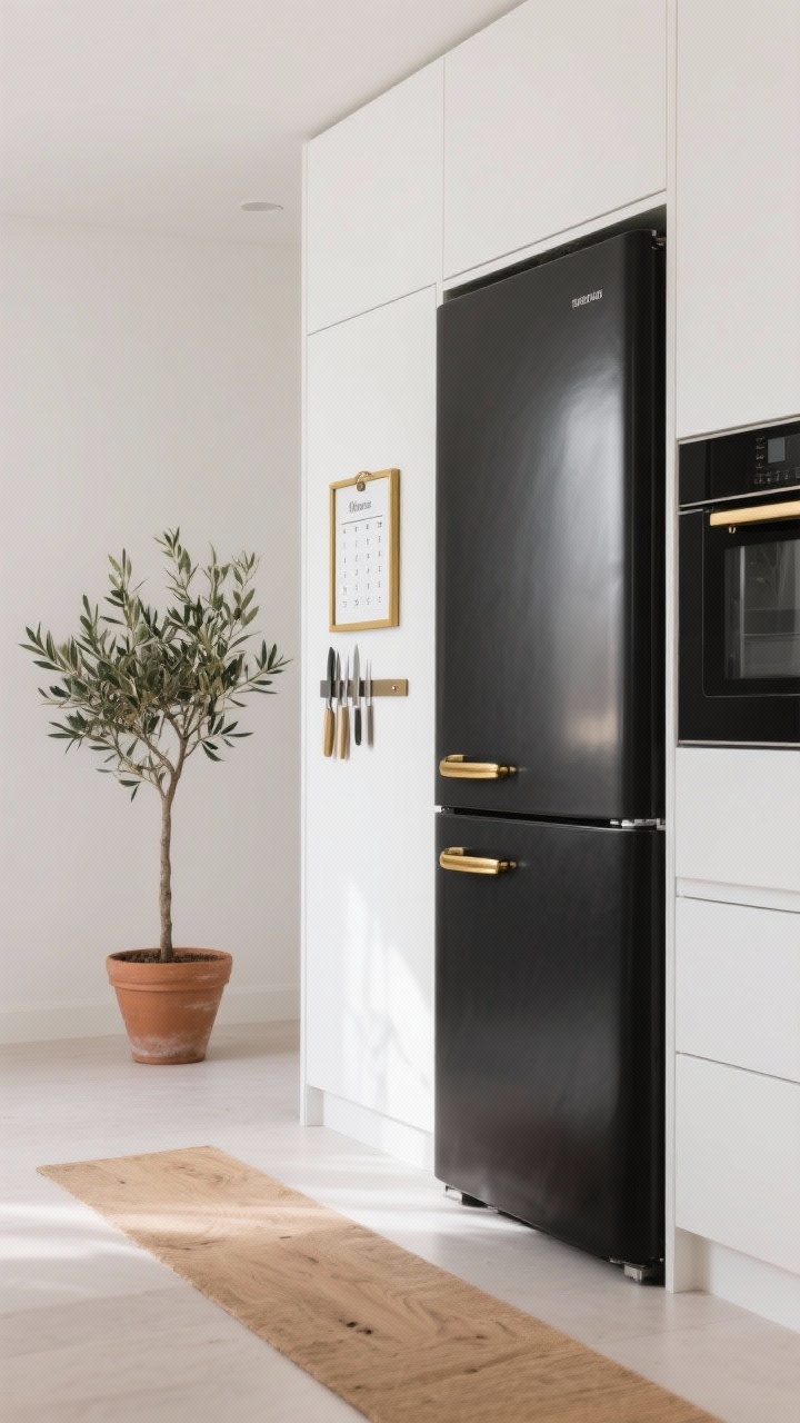 Photorealistic medium shot of a matte black vinyl-wrapped fridge with brass handle covers, set against flat-front white cabinets and a pale oak runner on the floor; a thin magnetic knife strip mounted on the fridge side and a small brass-framed weekly menu board beside it; a single olive tree in a terra-cotta pot nearby; calm, intentional minimalist styling with soft natural daylight, clean lines, and subdued reflections.