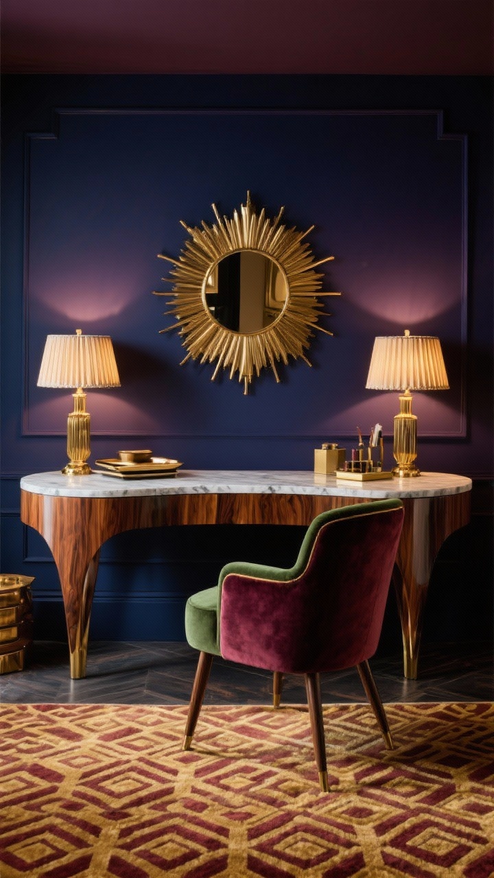 Photorealistic medium shot of Art Deco Autumn Glam workspace: walnut waterfall desk with rounded edges, velvet chair in merlot or moss, accent wall in deep aubergine or inky navy. Sunburst mirror centered above desk, marble trays with desk accessories, layered brass lamps with pleated shades, geometric patterned rug in gold and burgundy. Evening warm lighting reflecting on brass, straight-on symmetrical composition, luxe mood.