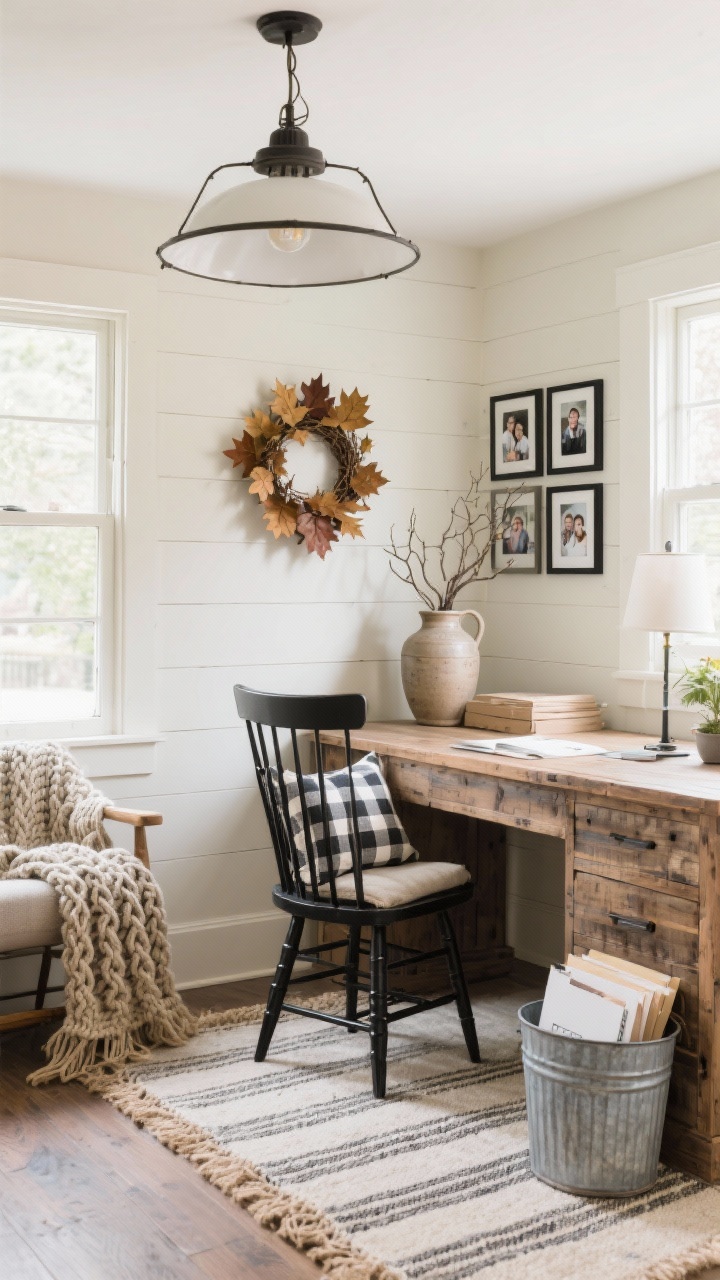 Photorealistic wide shot of a Modern Farmhouse Maple Mix office: weathered wood desk, black spindle chair, creamy walls with shiplap detail. Gingham cushion on the chair, braided jute or striped cotton rug, galvanized bin for files beside desk, maple leaf wreath above desk, black-framed family photos in a small gallery. Barn-style pendant light overhead, chunky knit throw on chair, oversized ceramic jug with branches. Bright natural daylight, welcoming farmhouse ambiance, corner angle.