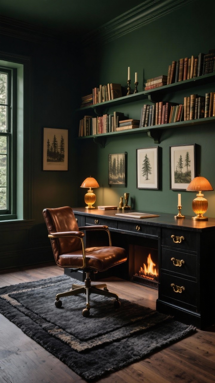 Photorealistic wide shot of a Moody Forest Library workspace: walls painted dark olive/pine green, black-stained desk with antique brass hardware, leather swivel chair in saddle brown. Wall-mounted bookshelves filled with vintage books, forest prints, and candleholders. Charcoal wool rug, layered amber glass lamps (task + table) casting warm, fireplace-like dusk glow. Low, moody lighting, straight-on view, emphasis on leather, brass, and dark wood textures.