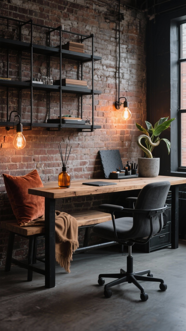 Photorealistic wide shot of an Industrial Ember Studio: reclaimed wood desktop with black iron legs, charcoal desk chair, brick wall backdrop (exposed or peel-and-stick), grid of black metal shelves. Rust velvet pillows and camel throw on chair/bench, Edison-bulb sconces casting warm ember glow, slate trays with supplies, concrete planter holding a snake plant, amber glass diffuser emitting subtle vapor. Evening ambiance, urban loft vibe, strong contrast.