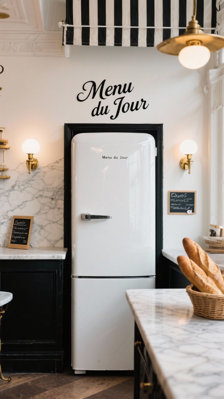 Straight-on medium shot of a gloss white fridge with slim black trim along the edges and a removable “Menu du Jour” script decal centered near the top; marble-look counters, brass sconces providing warm illumination, and a striped café curtain in the background; a small chalkboard magnet for specials on the door and a basket of baguettes on the counter for Parisian bistro charm.