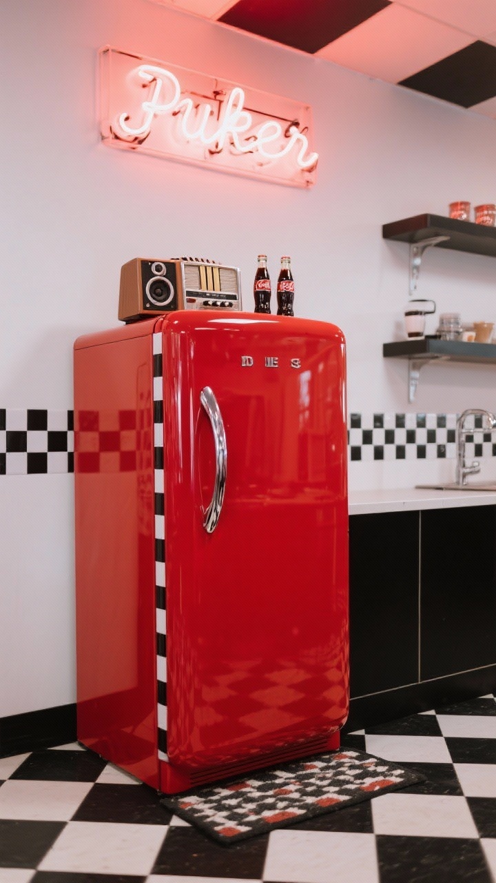 Straight-on medium shot of a glossy cherry red fridge wrapped in diner style, door edges trimmed in black-and-white checkerboard tape, curved chrome handles gleaming; nearby black countertop, a neon sign glowing above the coffee corner, and a checkerboard floor mat; top of fridge styled with a small jukebox-style speaker and vintage soda bottles; playful retro lighting and bold color contrast.