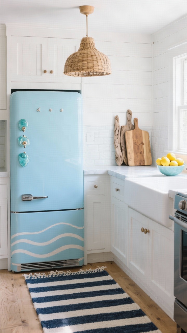Wide coastal kitchen scene with a breezy ocean blue fridge, sea-glass style knob sleeves on the handles, and subtle soft wave-line decals along the base; white beadboard backdrop, driftwood cutting boards leaning on the counter, a striped navy rug below; rattan pendant light overhead and a bowl of lemons providing a sunny pop; crisp, seaside natural light.