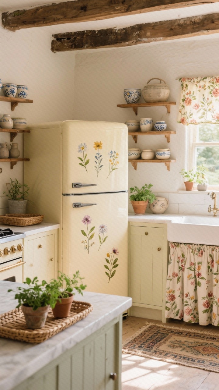 Wide shot of a cozy cottage kitchen featuring a buttery cream-paneled fridge adorned with delicate watercolor botanical decals like pressed flowers; antique-style ceramic knobs on the handles; surrounding elements include a floral sink curtain, open wood shelves displaying stoneware, a vintage rug, and a rattan tray on the counter with fresh potted herbs; warm, sunlit atmosphere with soft textures.
